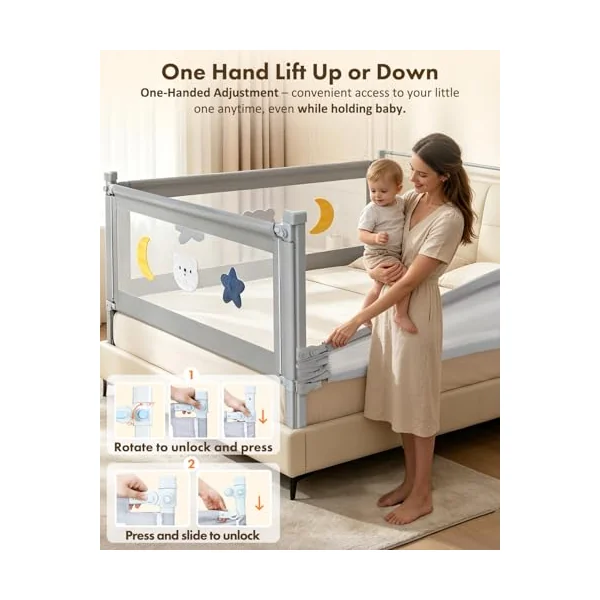 Bed Guard Rail for Toddlers - King Size 3 Piece Protection Adjustable Height Baby Bed Rail - Baby Bed Rail with Wider S-Shape Base & Headboard Rod & Thickened Reinforced Pipe- 78.74"x78.74"x74.80"