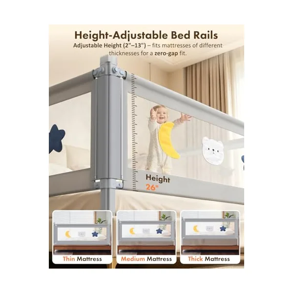 Bed Guard Rail for Toddlers - King Size 3 Piece Protection Adjustable Height Baby Bed Rail - Baby Bed Rail with Wider S-Shape Base & Headboard Rod & Thickened Reinforced Pipe- 78.74"x78.74"x74.80"