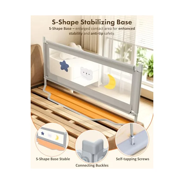 Bed Guard Rail for Toddlers - King Size 3 Piece Protection Adjustable Height Baby Bed Rail - Baby Bed Rail with Wider S-Shape Base & Headboard Rod & Thickened Reinforced Pipe- 78.74"x78.74"x74.80"