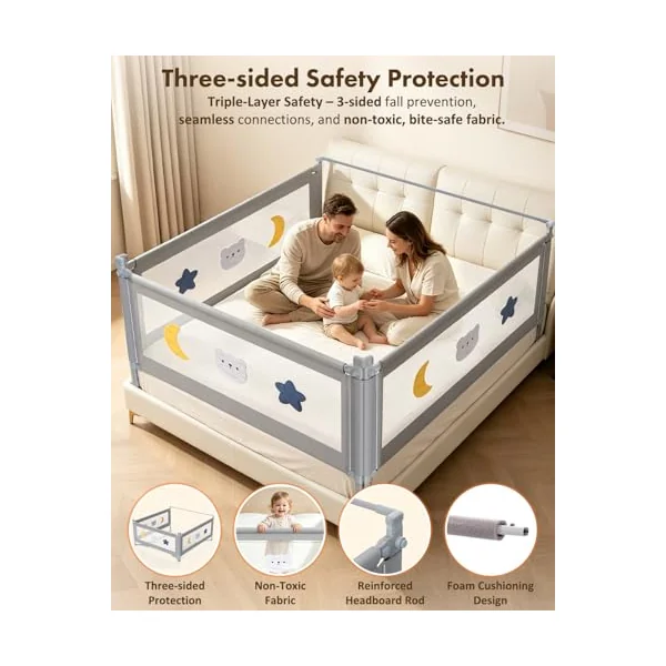 Bed Guard Rail for Toddlers - King Size 3 Piece Protection Adjustable Height Baby Bed Rail - Baby Bed Rail with Wider S-Shape Base & Headboard Rod & Thickened Reinforced Pipe- 78.74"x78.74"x74.80"