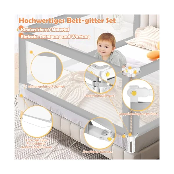 Bed Rail, 150 cm, Bed Rail, Fall Protection, Foldable with U-shaped Base, Bed Safety Gate, Children's Bed Rail, Height Adjustable, 68-95 cm, for Children and Parent Beds, Grey