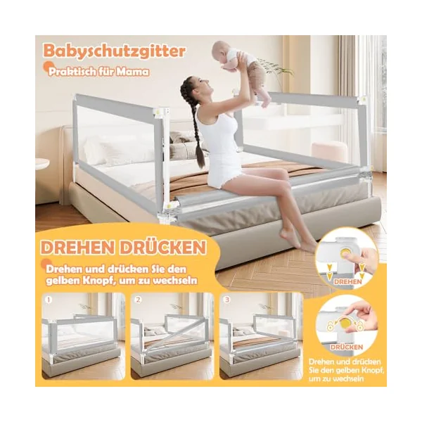 Bed Rail, 150 cm, Bed Rail, Fall Protection, Foldable with U-shaped Base, Bed Safety Gate, Children's Bed Rail, Height Adjustable, 68-95 cm, for Children and Parent Beds, Grey