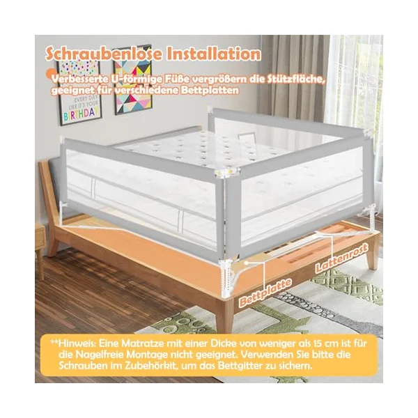 Bed Rail, 150 cm, Bed Rail, Fall Protection, Foldable with U-shaped Base, Bed Safety Gate, Children's Bed Rail, Height Adjustable, 68-95 cm, for Children and Parent Beds, Grey
