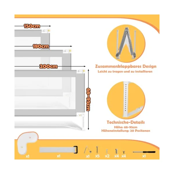 Bed Rail, 150 cm, Bed Rail, Fall Protection, Foldable with U-shaped Base, Bed Safety Gate, Children's Bed Rail, Height Adjustable, 68-95 cm, for Children and Parent Beds, Grey