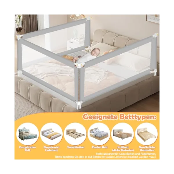 Bed Rail, 150 cm, Bed Rail, Fall Protection, Foldable with U-shaped Base, Bed Safety Gate, Children's Bed Rail, Height Adjustable, 68-95 cm, for Children and Parent Beds, Grey