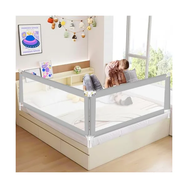 Bed Rail, 150 cm, Bed Rail, Fall Protection, Foldable with U-shaped Base, Bed Safety Gate, Children's Bed Rail, Height Adjustable, 68-95 cm, for Children and Parent Beds, Grey