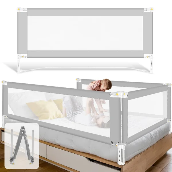 Bed Rail, 150 cm, Bed Rail, Fall Protection, Foldable with U-shaped Base, Bed Safety Gate, Children's Bed Rail, Height Adjustable, 68-95 cm, for Children and Parent Beds, Grey