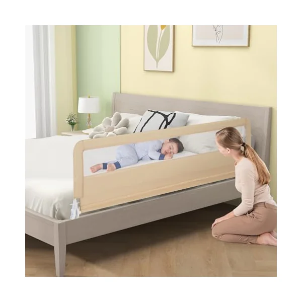 Bed Rail for Toddlers, 180CM Extra Long, Portable Safety Bed Guardrail w/Double Safety Child Lock, Foldable Baby Bed Rail Guard, Fit King & Queen Full Twin Size Bed Mattress (Beige)