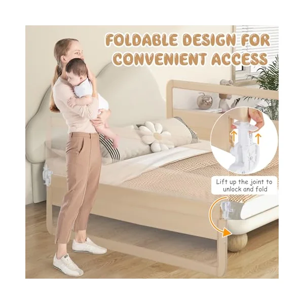 Bed Rail for Toddlers, 180CM Extra Long, Portable Safety Bed Guardrail w/Double Safety Child Lock, Foldable Baby Bed Rail Guard, Fit King & Queen Full Twin Size Bed Mattress (Beige)