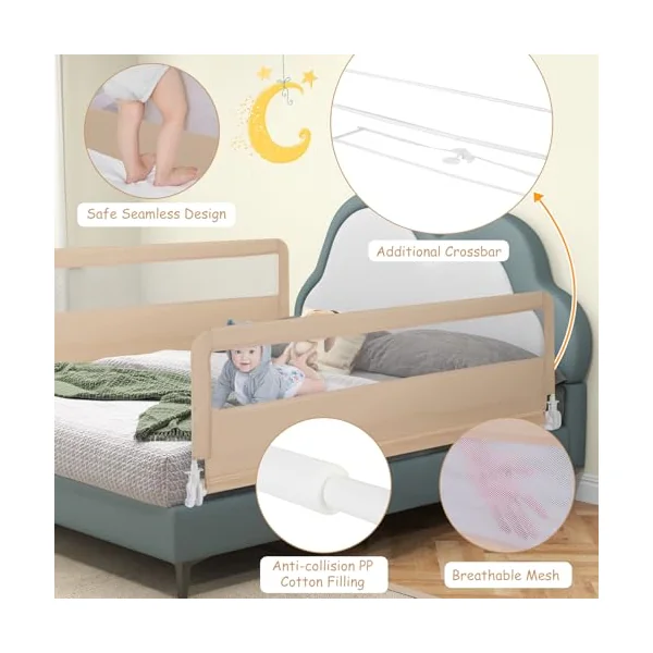 Bed Rail for Toddlers, 180CM Extra Long, Portable Safety Bed Guardrail w/Double Safety Child Lock, Foldable Baby Bed Rail Guard, Fit King & Queen Full Twin Size Bed Mattress (Beige)