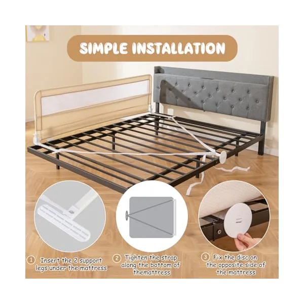 Bed Rail for Toddlers, 180CM Extra Long, Portable Safety Bed Guardrail w/Double Safety Child Lock, Foldable Baby Bed Rail Guard, Fit King & Queen Full Twin Size Bed Mattress (Beige)