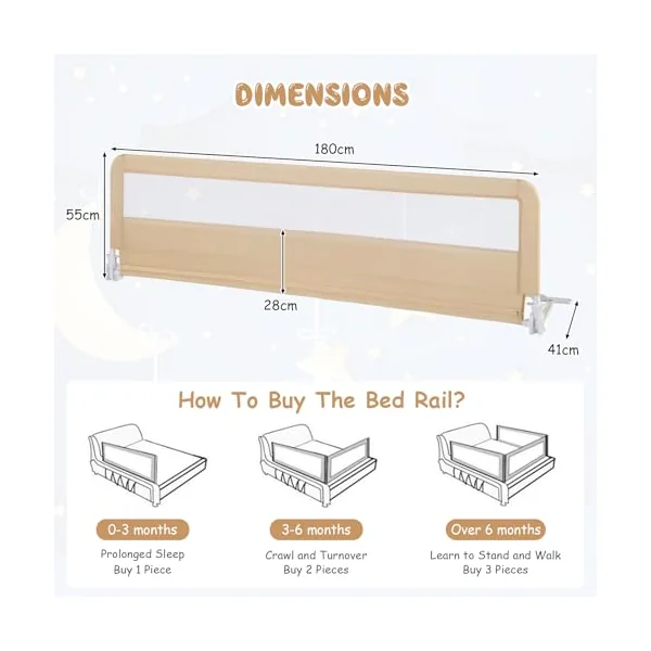 Bed Rail for Toddlers, 180CM Extra Long, Portable Safety Bed Guardrail w/Double Safety Child Lock, Foldable Baby Bed Rail Guard, Fit King & Queen Full Twin Size Bed Mattress (Beige)