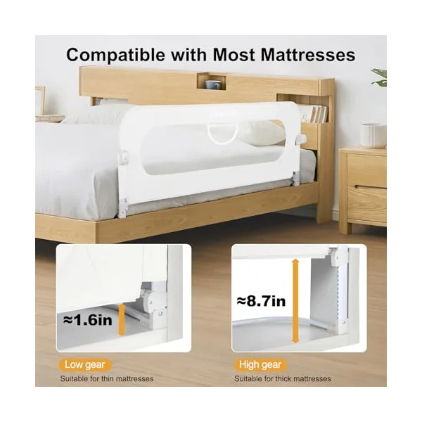 Bed Rail for Toddlers,Swing Down Kids Beds Rails Guard for Twin,Full,Queen,Bunk Size Bed,Extra Tall Child Beds Rail Guard with Reinforced Anchor Safety System