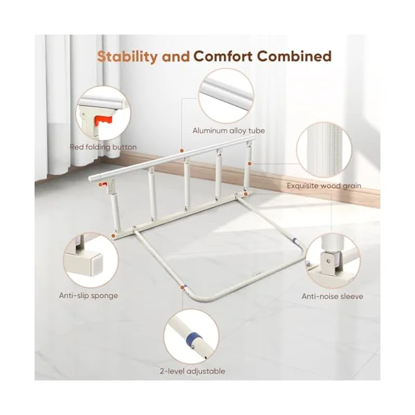 Bed Rails for Elderly Adults Safety, Foldable Bed Safety Rail for Elderly, Bedside Assist Rail Handle for Most Beds, Fall Prevention Safety Hand Guard Grab for Seniors & Surgery Patients
