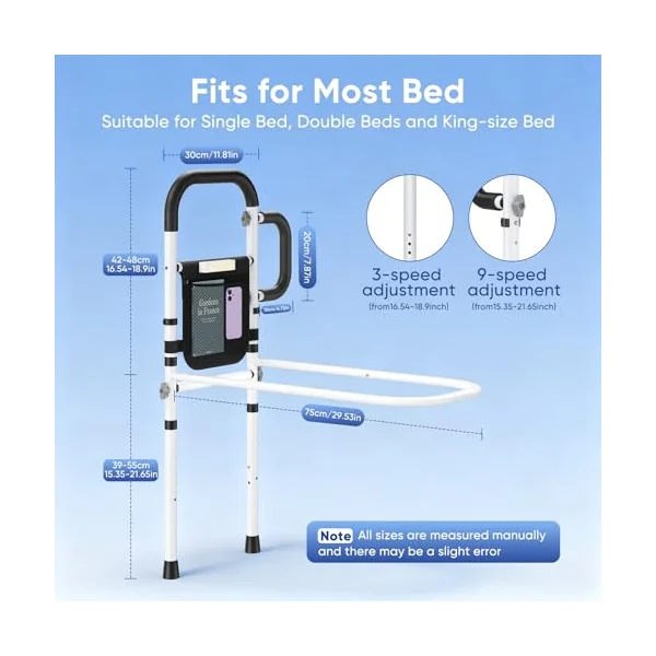 Bed Rails for Elderly Adults,Bed Assist Rail for Seniors with Motion-Activated Light &Storage Pouch,Bed Side Safety Rails, Sturdy 136kg Support Frame,Suitable for the elderly