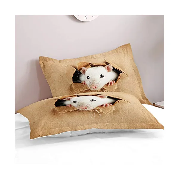 Bedding Duvet Cover Set, 3D Complete Set 1 Duvet Cover 2 Pillow Cases Print Zip Easy Care Microfiber Soft & Smooth Pillowcases (White rat,Single-135x200cm)