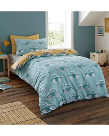 Bedlam - Cool Cars - 100% Cotton Duvet Cover Set - Baby/Cot Bed Size in Duck Egg, Cot/Baby, Blue/Yellow