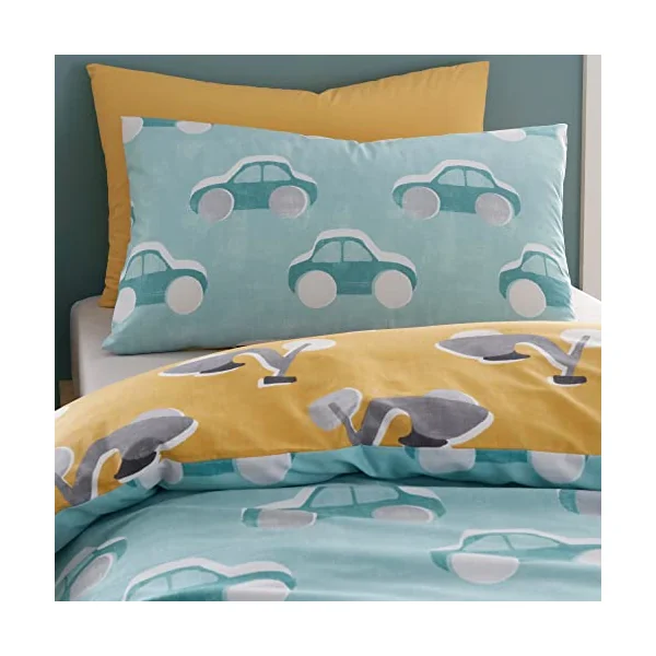 Bedlam - Cool Cars - 100% Cotton Duvet Cover Set - Baby/Cot Bed Size in Duck Egg, Cot/Baby, Blue/Yellow