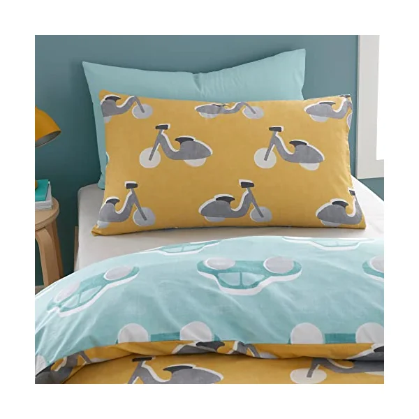 Bedlam - Cool Cars - 100% Cotton Duvet Cover Set - Baby/Cot Bed Size in Duck Egg, Cot/Baby, Blue/Yellow