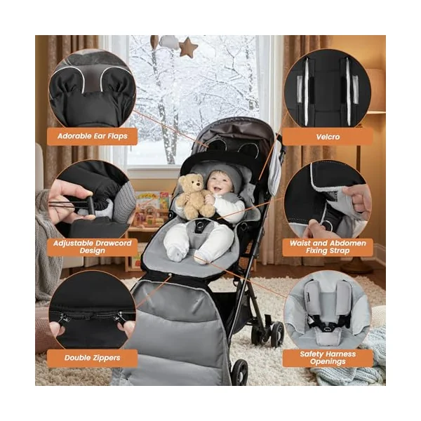 Bemece Universal Pushchair Footmuff,Windproof Water-Resistant Fleece Lining | Winter Baby Pram Footmuff, Thick Crystal Fleece Lining, Zip Design, 5-Point Harness Slots, Non-Slip Grips & Detachable Cover.
