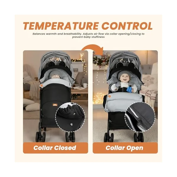 Bemece Universal Pushchair Footmuff,Windproof Water-Resistant Fleece Lining | Winter Baby Pram Footmuff, Thick Crystal Fleece Lining, Zip Design, 5-Point Harness Slots, Non-Slip Grips & Detachable Cover.