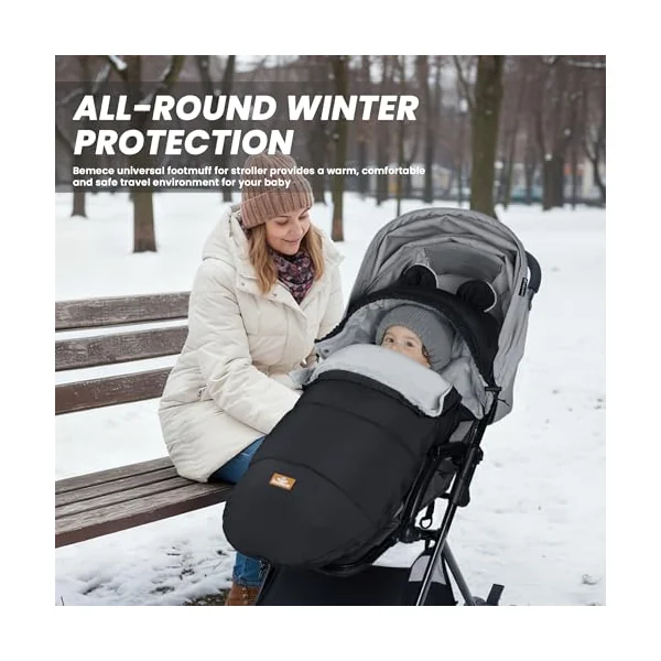 Bemece Universal Pushchair Footmuff,Windproof Water-Resistant Fleece Lining | Winter Baby Pram Footmuff, Thick Crystal Fleece Lining, Zip Design, 5-Point Harness Slots, Non-Slip Grips & Detachable Cover.