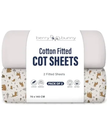 Berry and Bunny 100% Cotton Cot Bed Sheets Pack of 2, Soft Breathable Elasticated Baby Cot Fitted Sheets 140 x 70cm, Deep Fit Mattress Protector Cover, Toddler Bedding All Seasons