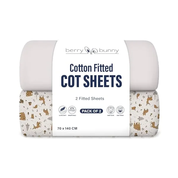 Berry and Bunny 100% Cotton Cot Bed Sheets Pack of 2, Soft Breathable Elasticated Baby Cot Fitted Sheets 140 x 70cm, Deep Fit Mattress Protector Cover, Toddler Bedding All Seasons