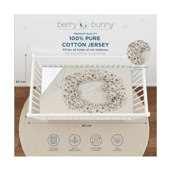 Berry and Bunny 100% Cotton Cot Bed Sheets Pack of 2, Soft Breathable Elasticated Baby Cot Fitted Sheets 140 x 70cm, Deep Fit Mattress Protector Cover, Toddler Bedding All Seasons