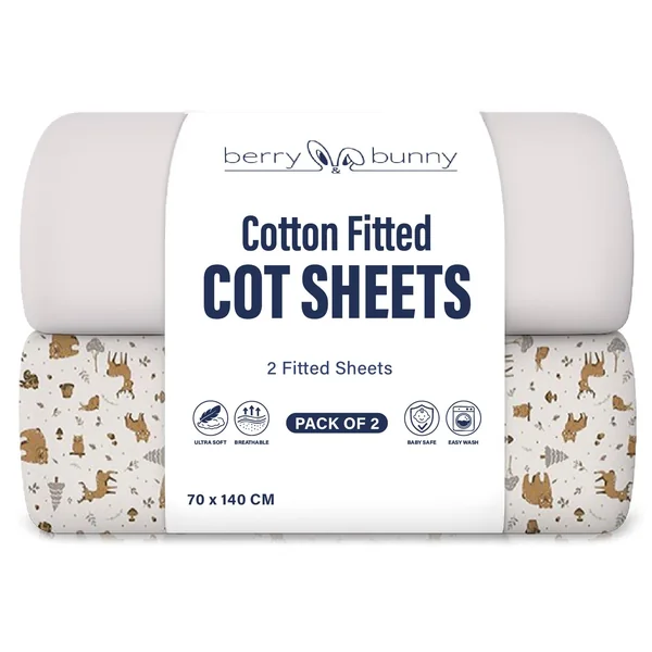 Berry and Bunny 100% Cotton Cot Bed Sheets Pack of 2, Soft Breathable Elasticated Baby Cot Fitted Sheets 140 x 70cm, Deep Fit Mattress Protector Cover, Toddler Bedding All Seasons