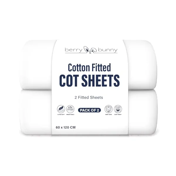 Berry and Bunny 100% Cotton Jersey Cot Bed Sheets Pack of 2, Soft Breathable Baby Cot Sheets 120x60 Fitted, Elasticated Deep Fitted Sheet, Baby Bedding All Seasons