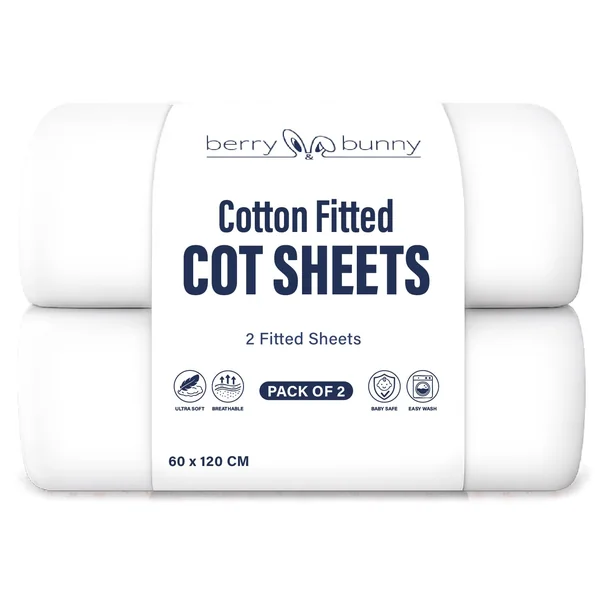 Berry and Bunny 100% Cotton Jersey Cot Bed Sheets Pack of 2, Soft Breathable Baby Cot Sheets 120x60 Fitted, Elasticated Deep Fitted Sheet, Baby Bedding All Seasons