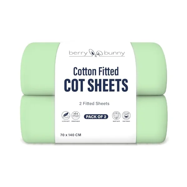 Berry and Bunny 100% Cotton Jersey Cot Bed Sheets Pack of 2, Soft Breathable Elasticated Baby Cot Fitted Sheets 140 x 70cm, Deep Fitted Sheet, Toddler Bedding All Seasons