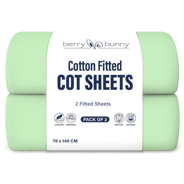 Berry and Bunny 100% Cotton Jersey Cot Bed Sheets Pack of 2, Soft Breathable Elasticated Baby Cot Fitted Sheets 140 x 70cm, Deep Fitted Sheet, Toddler Bedding All Seasons