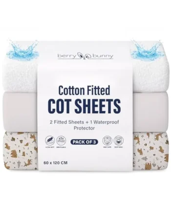 Berry & Bunny 3 Pack Cot Bed Sheets 120 x 60 cm – 100% Cotton 2 Fitted Sheets & 1 Waterproof Mattress Protector Cover – Soft Breathable Cot Sheets for Baby Mattress – Gray Animal