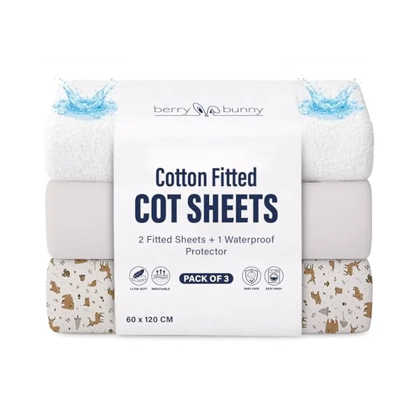Berry & Bunny 3 Pack Cot Bed Sheets 120 x 60 cm – 100% Cotton 2 Fitted Sheets & 1 Waterproof Mattress Protector Cover – Soft Breathable Cot Sheets for Baby Mattress – Gray Animal