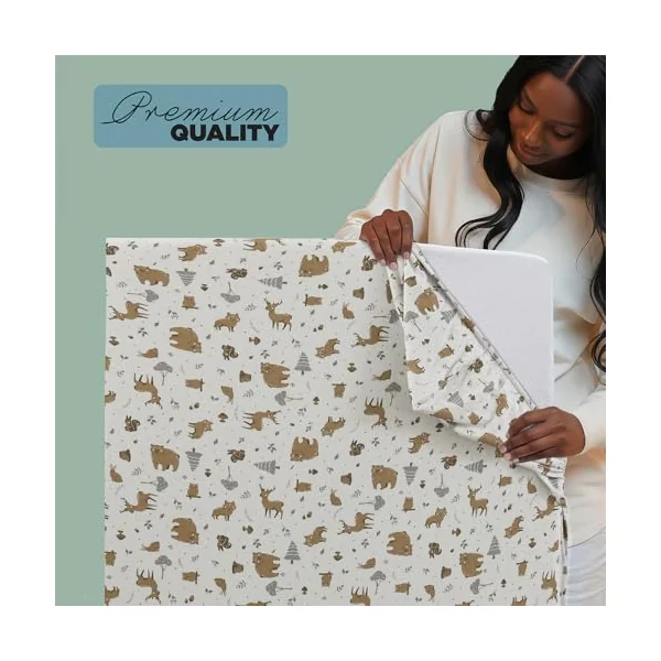 Berry & Bunny 3 Pack Cot Bed Sheets 120 x 60 cm – 100% Cotton 2 Fitted Sheets & 1 Waterproof Mattress Protector Cover – Soft Breathable Cot Sheets for Baby Mattress – Gray Animal
