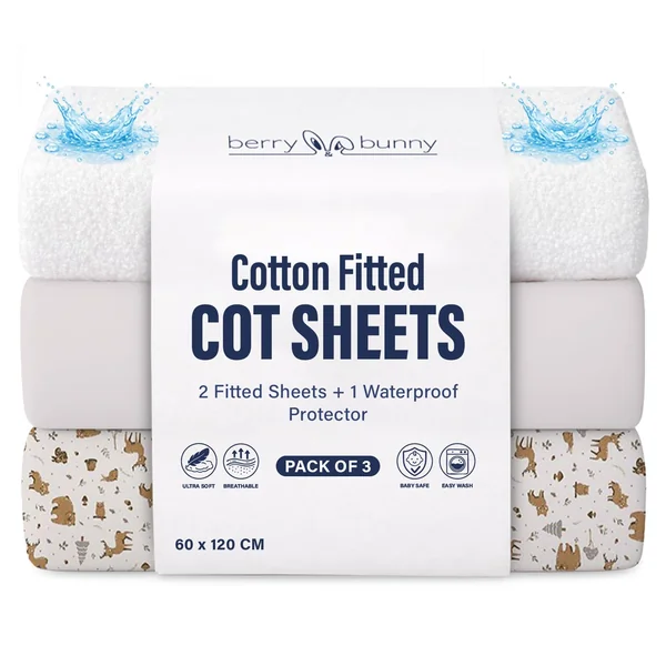 Berry & Bunny 3 Pack Cot Bed Sheets 120 x 60 cm – 100% Cotton 2 Fitted Sheets & 1 Waterproof Mattress Protector Cover – Soft Breathable Cot Sheets for Baby Mattress – Gray Animal