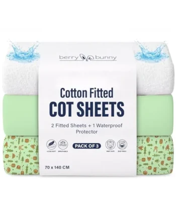 Berry & Bunny 3 Pack Cot Bed Sheets 140 x 70 cm – 100% Cotton 2 Fitted Sheets & 1 Waterproof Mattress Protector Cover – Soft Breathable Cot Sheets for Baby Mattress – Green Forest