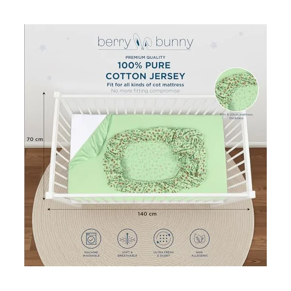 Berry & Bunny 3 Pack Cot Bed Sheets 140 x 70 cm – 100% Cotton 2 Fitted Sheets & 1 Waterproof Mattress Protector Cover – Soft Breathable Cot Sheets for Baby Mattress – Green Forest