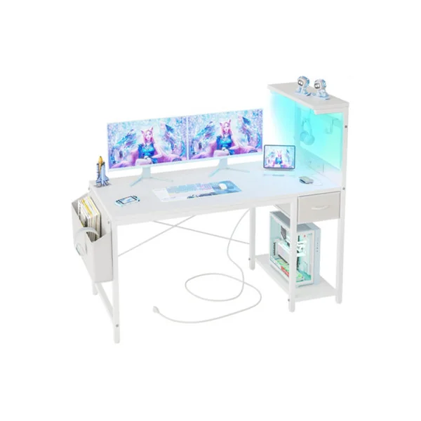 BEXEVUE White 100cm Computer Gaming Desk With Power Outlet LED Light Reversible Shelves Storage Drawer And Bag