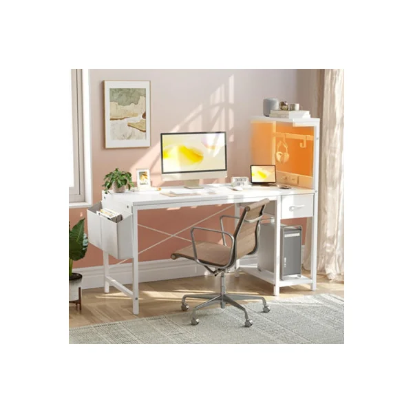 BEXEVUE White 100cm Computer Gaming Desk With Power Outlet LED Light Reversible Shelves Storage Drawer And Bag