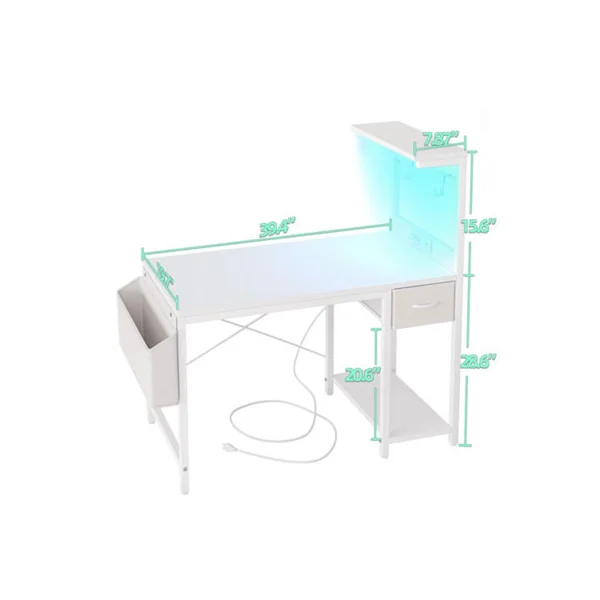 BEXEVUE White 100cm Computer Gaming Desk With Power Outlet LED Light Reversible Shelves Storage Drawer And Bag