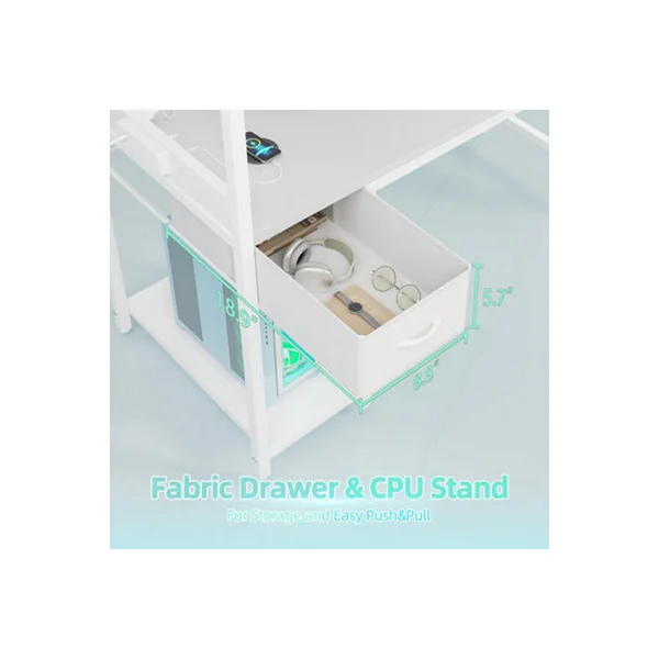 BEXEVUE White 100cm Computer Gaming Desk With Power Outlet LED Light Reversible Shelves Storage Drawer And Bag