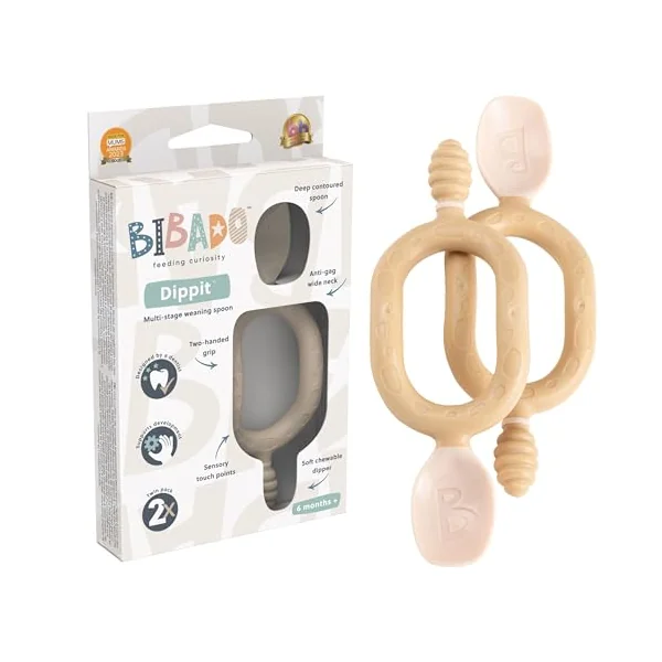 Bibado Baby Weaning Spoons Baby Cutlery Two-Handed Sensory Grip | From 6 months, Soft, chewable dipper and deep spoon set. Baby weaning essentials. Includes 2 pieces for self-feeding