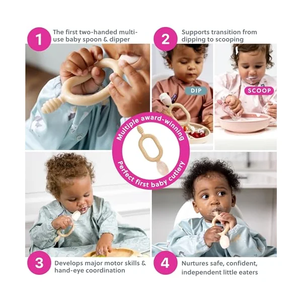 Bibado Baby Weaning Spoons Baby Cutlery Two-Handed Sensory Grip | From 6 months, Soft, chewable dipper and deep spoon set. Baby weaning essentials. Includes 2 pieces for self-feeding