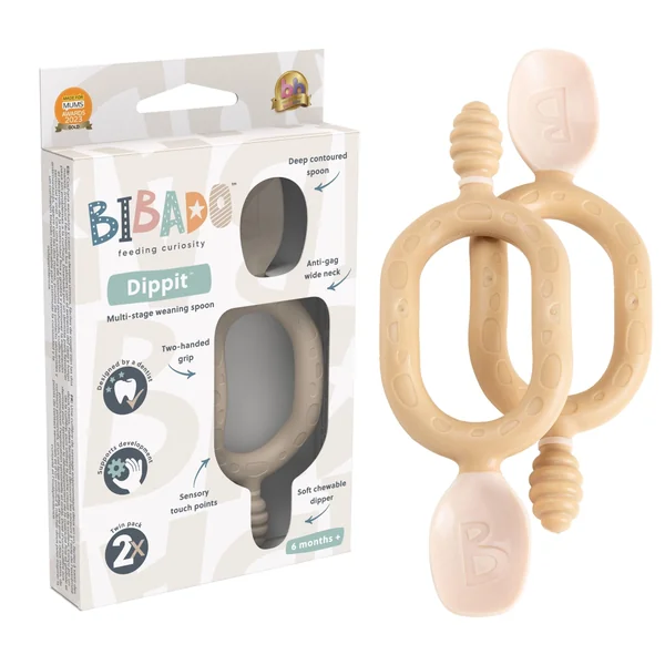 Bibado Baby Weaning Spoons Baby Cutlery Two-Handed Sensory Grip | From 6 months, Soft, chewable dipper and deep spoon set. Baby weaning essentials. Includes 2 pieces for self-feeding