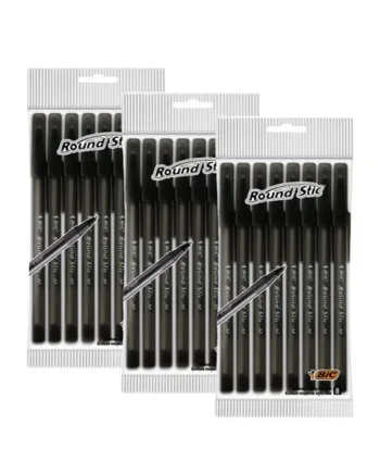 Bic Round Stic Ballpoint Black Pens 8 Pack x3