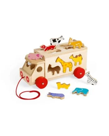 Bigjigs Toys Animal Lorry Wooden Shape Sorter, Pull Along Baby Toy