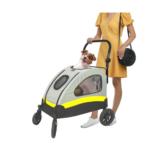 BingoPaw Dog Cat Travel Stroller: Foldable Heavy Duty Pet Pram Up to 20KG | 4 Oversized Wheels Doggy Pushchair with Brakes for Small Medium Dogs and Cat with Adjustable Handle and Safety Collar Hook